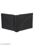 Black PU leather men's wallet with tri line thread design, 2 compartments for cards and coins, free size (11cm x 9cm), India origin