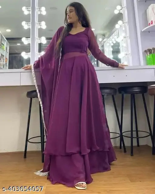 Elegant purple georgette plain kameez palazzo and dupatta set, long sleeves, traditional outfit, versatile wear