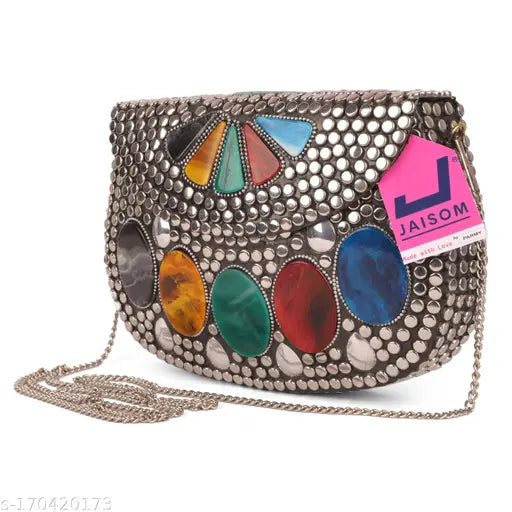 Colorful, handcrafted multi-colored, possibly leather, large sling bag with numerous decorative stones or beads