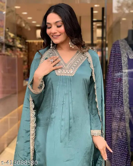 Pure Chinon silk party wear top with matching dupatta set