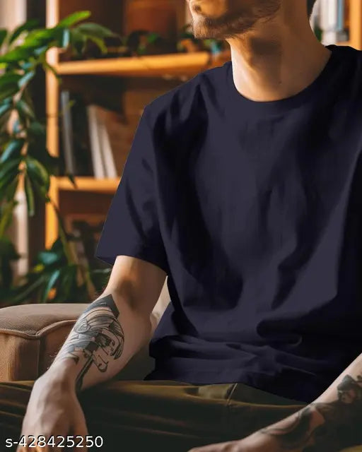 Dark Blue Cotton Blend Solid Tee - Comfortable, lightweight, premium quality navy tee. Made in India