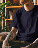 Dark Blue Cotton Blend Solid Tee - Comfortable, lightweight, premium quality navy tee. Made in India