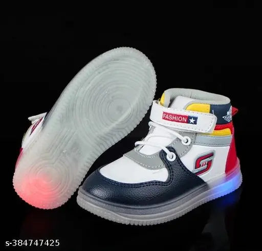 Light blue and white casual sports shoes with LED lighting, adjustable straps