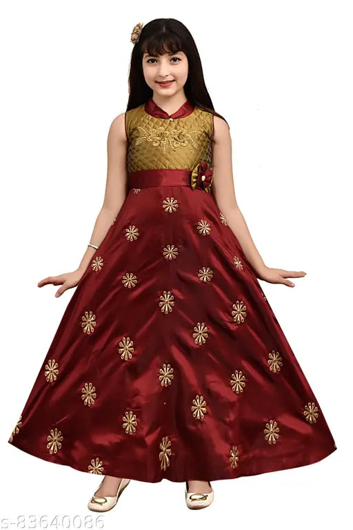 Red silk blend girls frock with embroidered net, three-quarter sleeves, size 3-4 years origin India