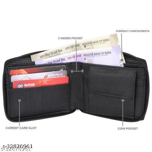 Black PU Leather Small Women's Wallet - Secure card case with 3 credit slots, 2 secret compartments, and 1 coin pocket. Exquisitely handcrafted gift wallet from India