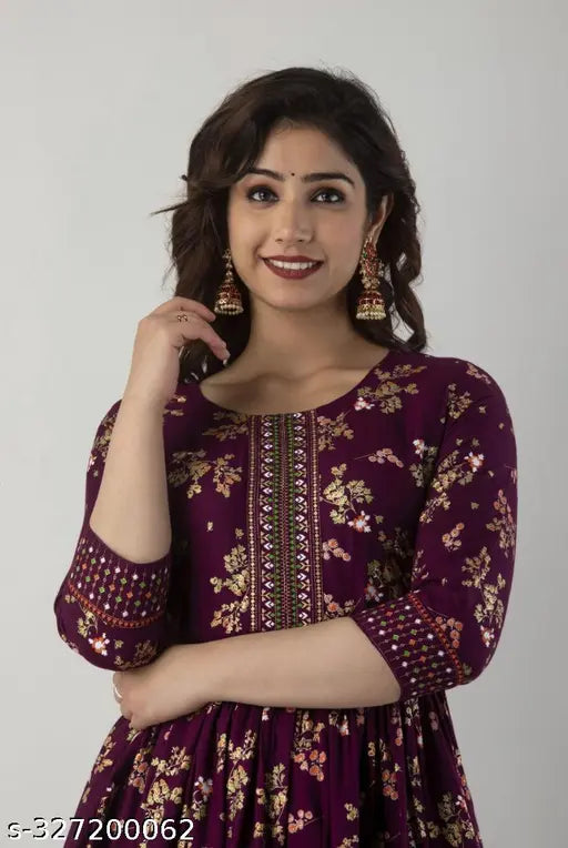 Maroon long printed Anarkali kurt with three-quarter sleeves, rayon fabric, Indian-inspired design