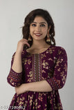 Maroon long printed Anarkali kurt with three-quarter sleeves, rayon fabric, Indian-inspired design