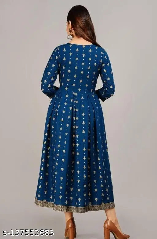 Rayon three-quarter sleeve printed Anarkali gown, jari work, available in sizes S-XXXXL, India origin