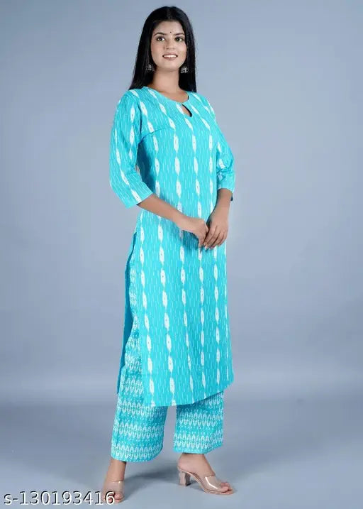Printed cotton blend straight kurta and palazzos set, comfortable for parties and festive occasions