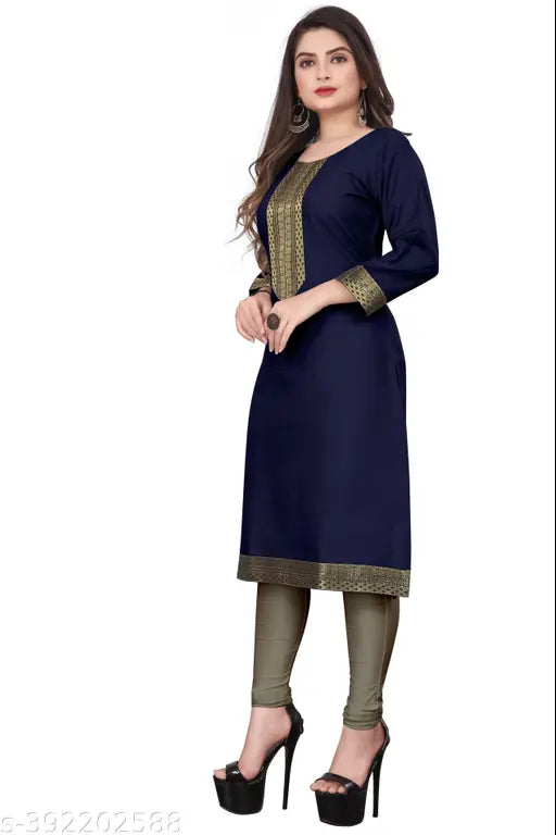 Navy blue and gold embroidered kurta with straight cut sleeves, crew neck, long length