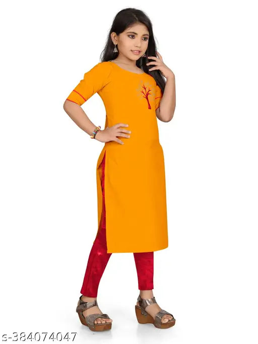 Yellow colorblocked cotton kurti&kurtas for girls, modern design with long sleeves