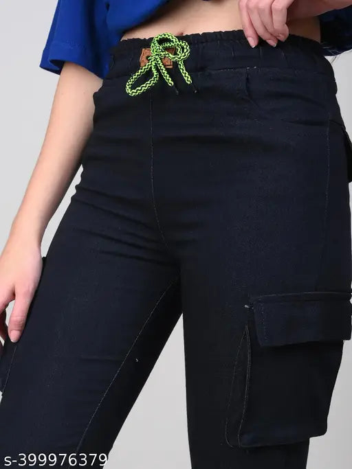 Stretchable premium denim black cargo jogger jeans for women, high/mid/low waist, ankle length. Denim fabric, tie-ups styling. Made in India
