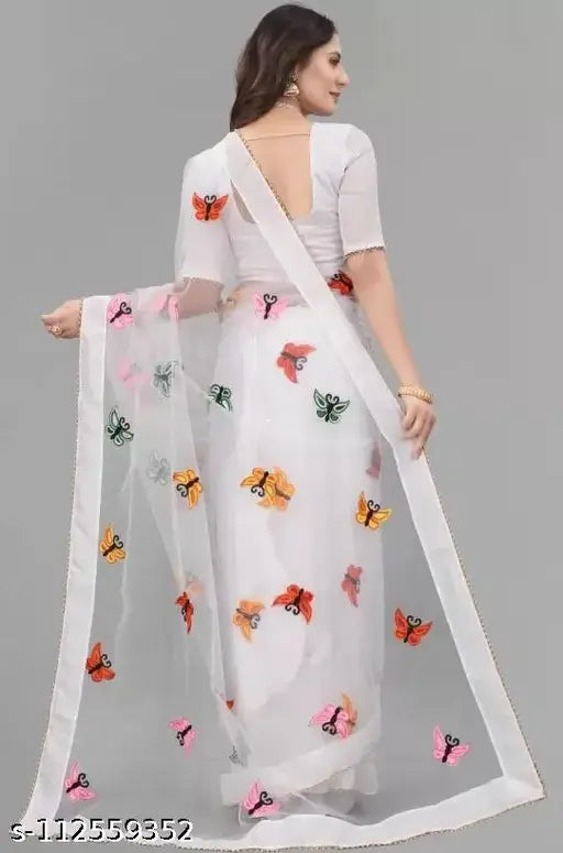 White net saree with embroidered blouse, unstitched for custom fit, Indian fashion accessory