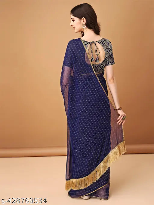Chiffon Jhalar Saree, gold foil embellished with self-designed matching brocade blouse, trending party wear saree for festivals like Diwali and Durga Puja