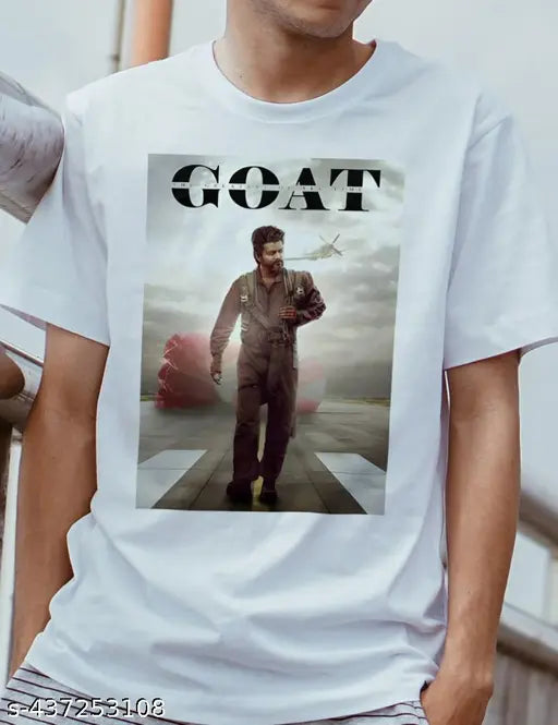 GOAT Thalapathy Vijay printed polycotton men's t-shirt, round neck, half sleeves, various sizes available (S: 36in x 24in, M: 38in x 26in, L: 40in x 28in, XL: 42in x 30in) - India-made fashion for men