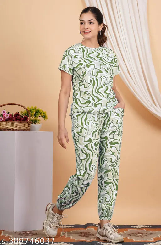 Printed cotton-blend women's track suit nightwear with ankle length and side pockets
