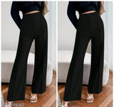Dark blue flared pants with a slight stretch and high waist