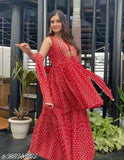 Red designer saree, chiffon fabric, long sleeves, floor length