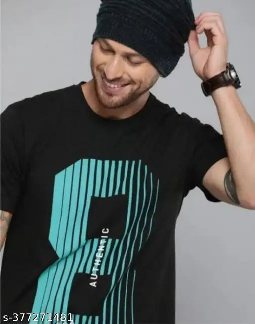 Black polyester t-shirt with excellent print, short sleeves, perfect for summer and autumn seasons. Made in India