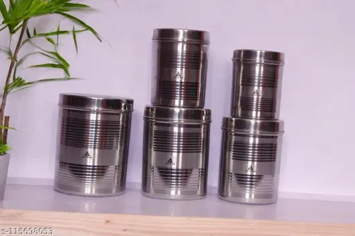 Tactware stainless steel jar container set of 5 pack, best quality steel jars and dabbas, suitable for tea and sugar storage, 1L capacity, black lids, kitchen storage