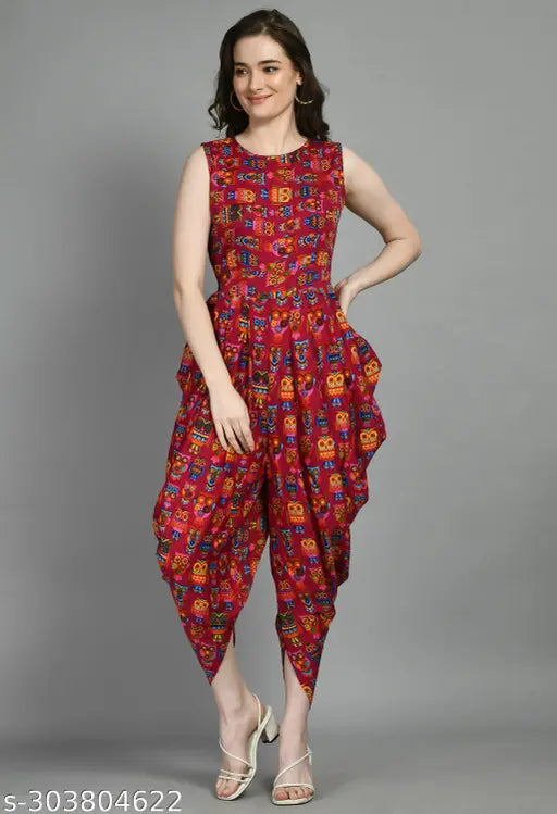 Multicolor printed dhoti jumpsuit for women's daily/occasional party wear, crepe fabric, sweat-absorbent armpit lining, Indian body type fit