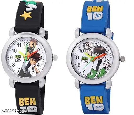 Two-pack of analog watches featuring white faces, multicolored straps and characters from animated series