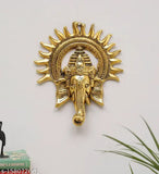 Metal Ganesh idol with Surya Chakra, brass finish and antique gold plating, traditional decorative showpiece for home or worship, 23cm height, 18cm breadth, 3cm length