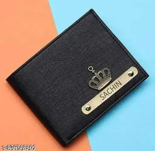 Customize Leher Black men's wallet, textured net pattern with 2 compartments. Personalized name and charm design available on Gillkart
