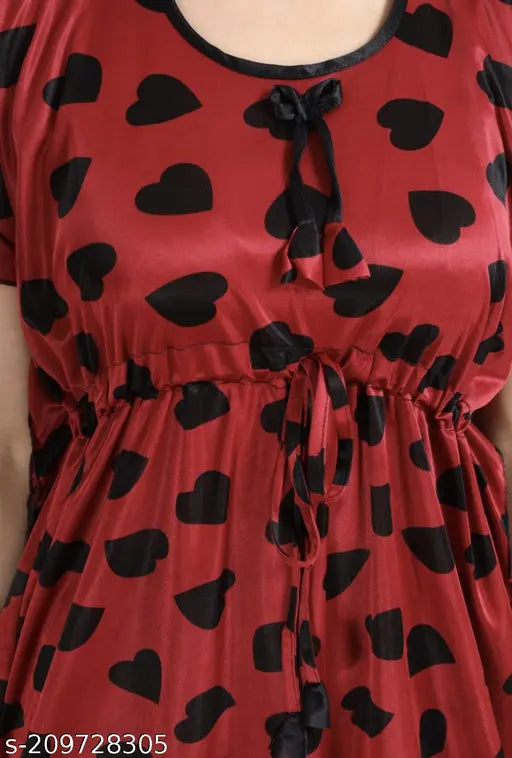 Rich, comfortable satin night suit for women/girls - printed kaftan pyjama set. Elastic waist, side pockets, and half sleeves offer ease and comfort during sleep and lounging. India-made graphic print loungewear from BIUNIQ