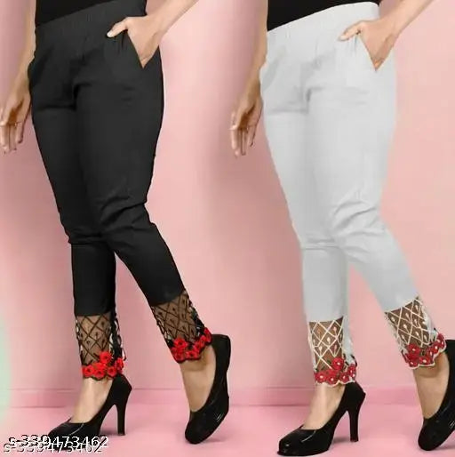 Black and white stretchable embroidery flower work trouser combo, cotton lycra, both side pockets