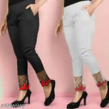 Black and white stretchable embroidery flower work trouser combo, cotton lycra, both side pockets