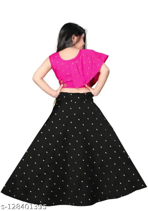 Embroidered silk-cotton blend lehenga choli for girls, Indian ethnic wear, handcrafted with mirror embellishments