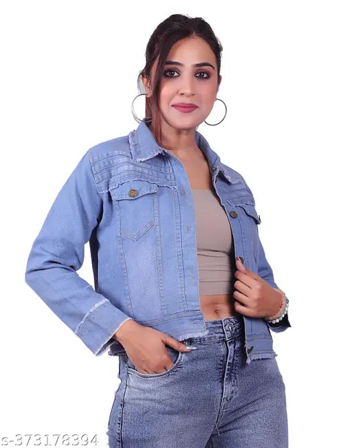 Light Blue Washed Denim Women's 3/4 Sleeve Distressed Jacket, pocket detail, stretch fitted denim outwear