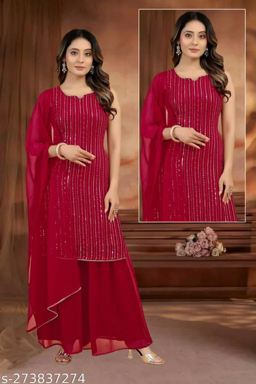 Red georgette kurta and sharara with floral embroidery