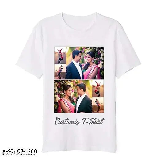 Customized white polycotton half sleeve t-shirt for men with personal photo print, great for gifting on birthdays & more. Short sleeves, size S-XXL. Personalized round neck tee in India