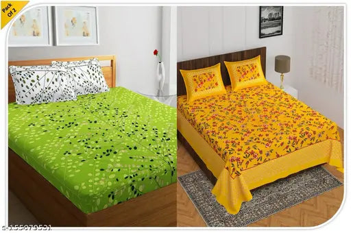Jaipuri printed cotton double bed sheets combo pack, features 2 bedsheets and 4 pillow covers, ideal for summer adult use, botanical print, country of origin: India