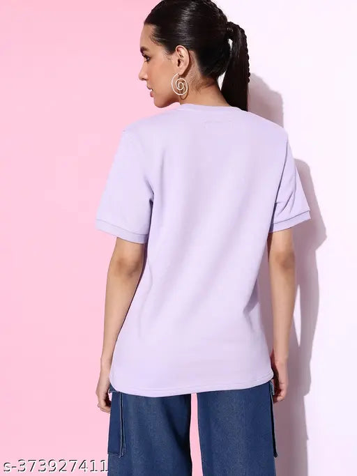 Lavender oversized women's cotton sweatshirt, solid pattern, short sleeves, XS-XL sizes