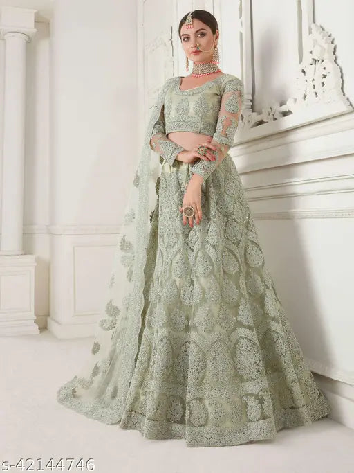 Embroidered net Lehenga Sufi in Pista color with choli and dupatta, Indian traditional wear for women