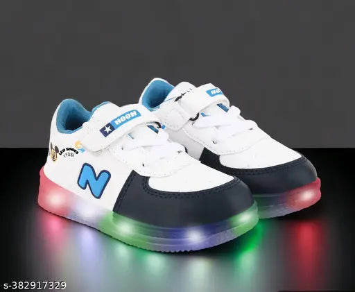 Blue and white kids' LED light-up shoes with a glow-in-the-dark feature, featuring a vibrant color scheme