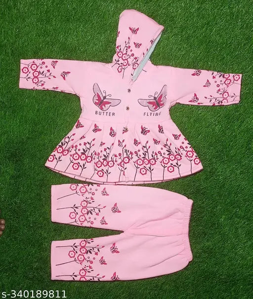 Pink and white soft fabric winter set with floral print, hoodie and matching pants