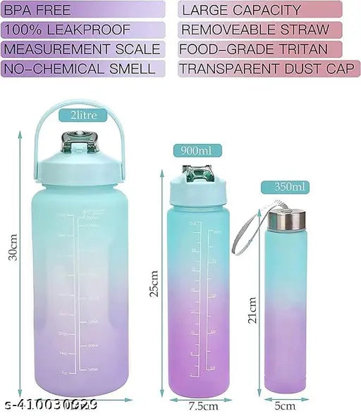 Motivational multicolor water bottles, pack of 3, leak-proof, BIS/ISI certified, plastic water bottles with inspirational quotes on display