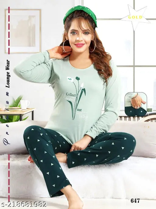 Light Green Hosiery Cotton T-Shirt & Pyjama Night Suit Set, printed with all-over design, ideal for comfortable loungewear