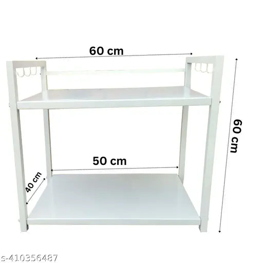 White 2-tiered microwave stand with 10 hooks on upper shelf, suitable for ottomans and ovens, 5cm height