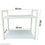 White 2-tiered microwave stand with 10 hooks on upper shelf, suitable for ottomans and ovens, 5cm height