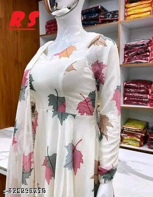 White printed Georgette kurtis, long sleeves, Indian traditional clothing for women, size options available