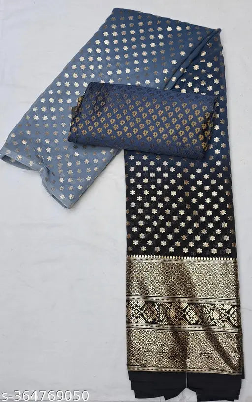 Blue foil embellished saree with gold accents