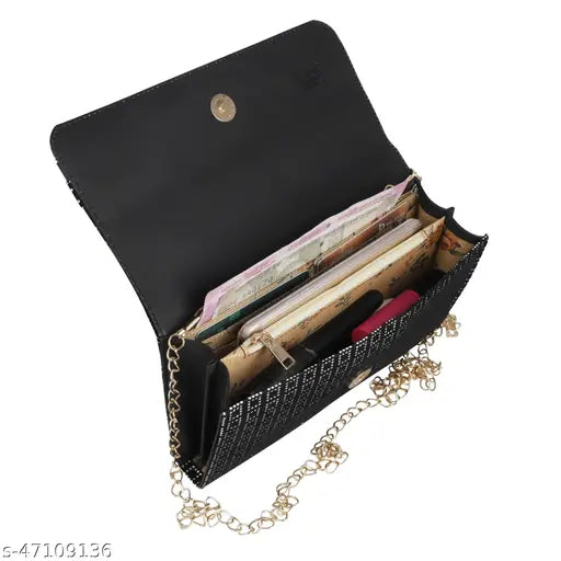 Black leather crossbody bag with multiple pockets and a chain strap