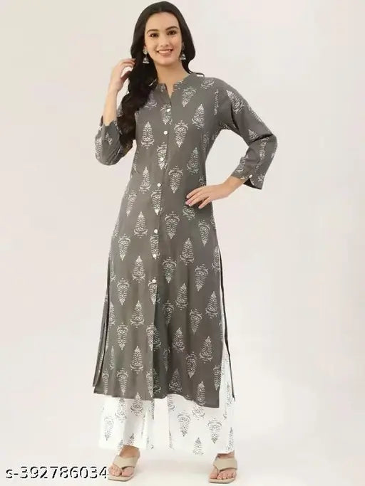 Grey rayon kurti with printed palazzo set, three-quarter sleeves, single piece, sizes S-XXXXL. Rayon bottomwear and sleeve fabric, features front button detailing. Printed Indian design, suitable for women and girls