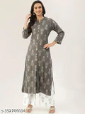 Grey rayon kurti with printed palazzo set, three-quarter sleeves, single piece, sizes S-XXXXL. Rayon bottomwear and sleeve fabric, features front button detailing. Printed Indian design, suitable for women and girls