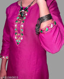 Embroidered kurta with straight collar, worn by woman in pink kurta with embellishments